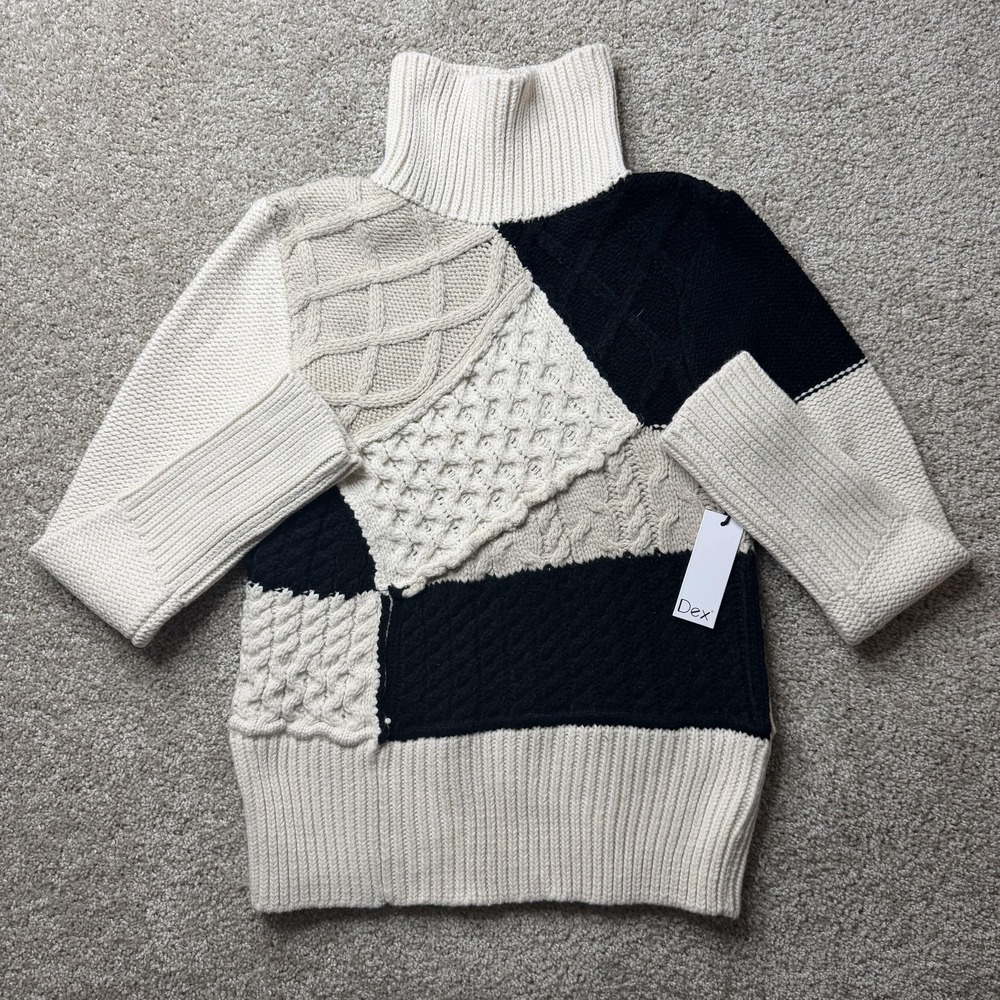 Dex Sweater Womens Medium Cream Black Turtleneck Patchwork Cable-Knit Chunky